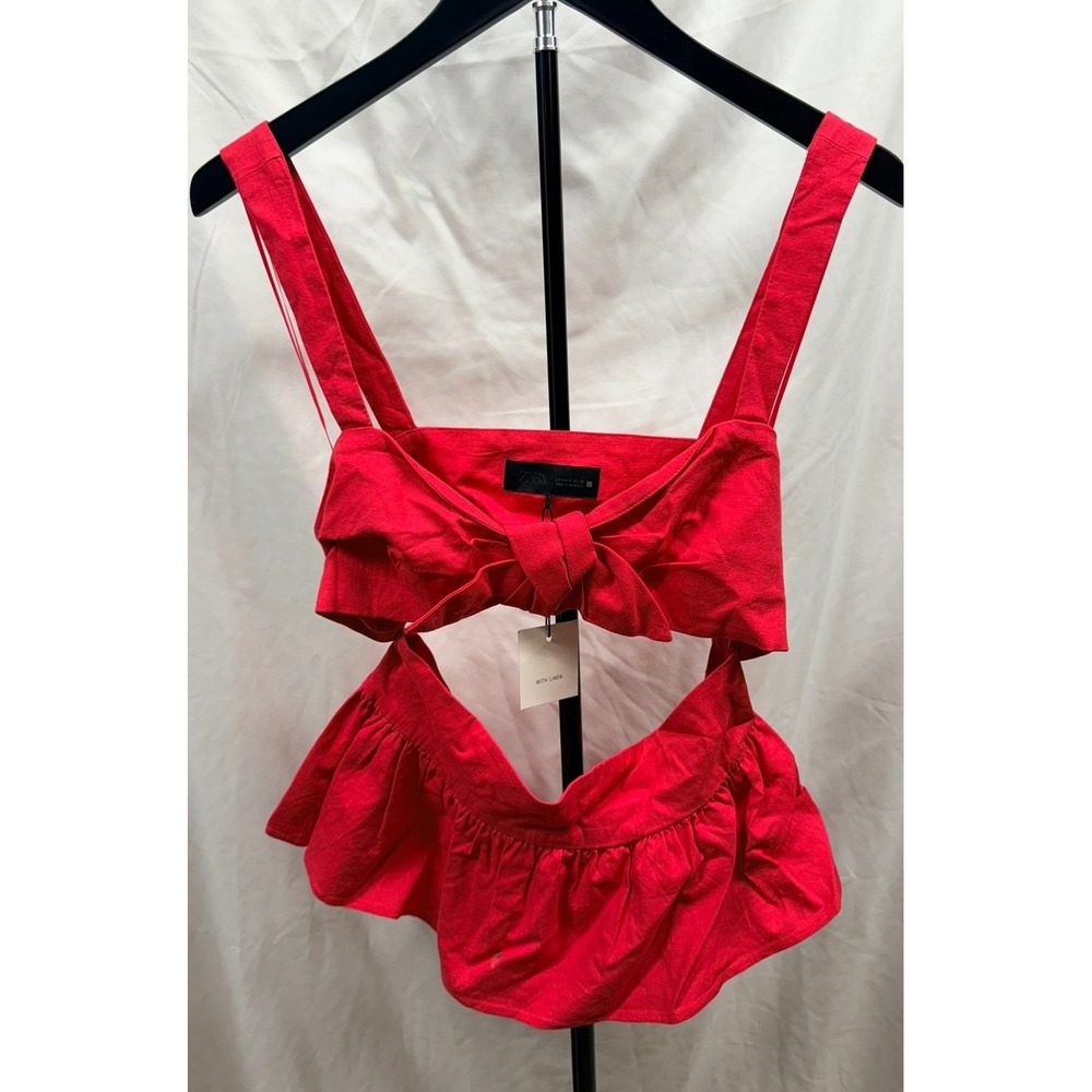 Zara New Women's M Magenta Linen Blend Bow Front Feminine Cut-Out Peplum Top - Picture 3 of 7